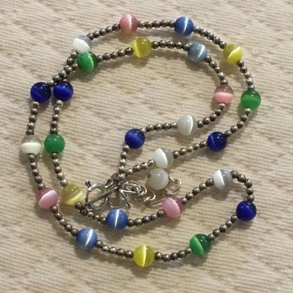 VTG Sterling Silver Multicolor Cats Eye Station Beaded Choker Necklace Extension - Picture 15 of 15